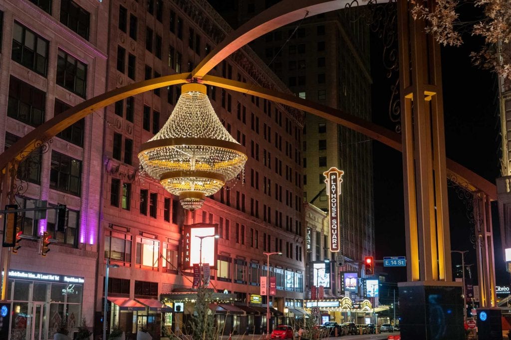Playhouse Square chandelier at night