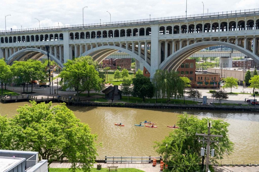 Kayaks on the Cuyahoga River in downtown Cleveland