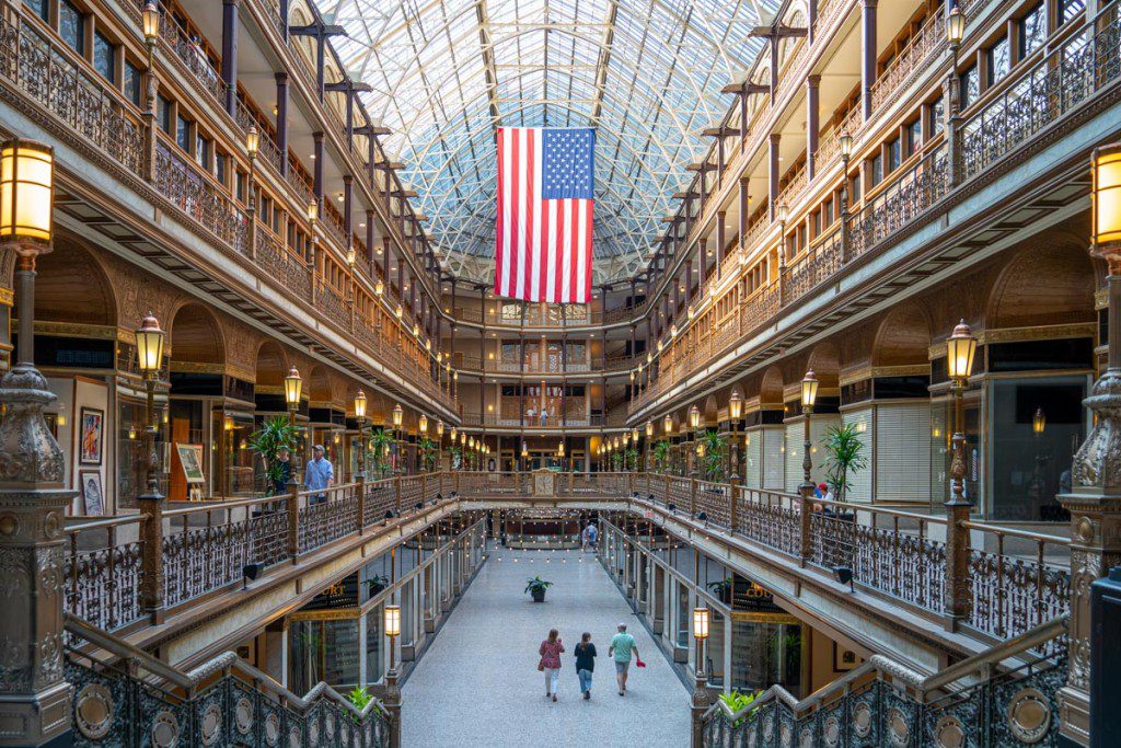 Cleveland Arcade with flag