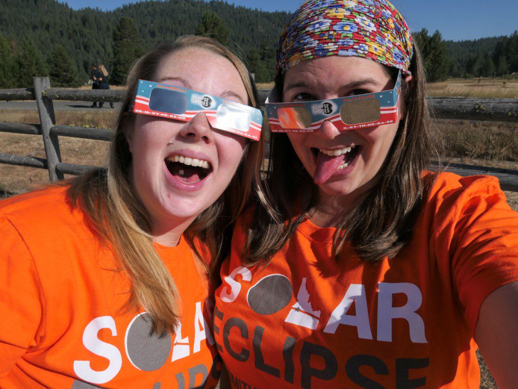 Amanda and Melissa in eclipse glasses